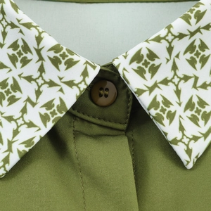 Elegant French printed shirt collar dress in olive green with geometric patterns
