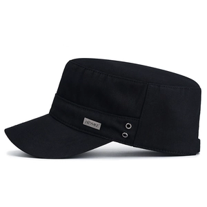 Men's outdoor cotton flat top army cap in black with metal logo and air vents