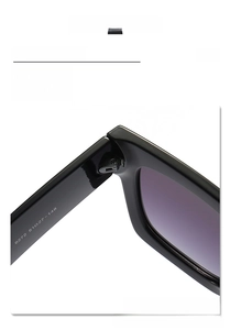 Detailed close-up of sturdy metal hinge and size parameters on square sunglasses