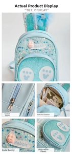 Close-up of blue sequin backpack with rabbit patch and heart-shaped metal zipper details