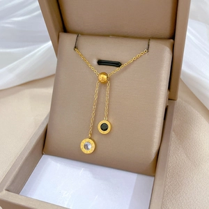 Minimalist titanium steel Roman numeral necklace with black and crystal pendants in gift box