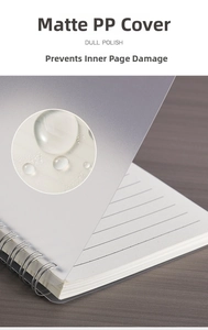 Waterproof frosted PP cover of a spiral notebook showing protective water droplets