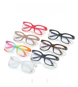 Detailed view of square frame glasses in seven colors including rainbow gradient and tortoiseshell