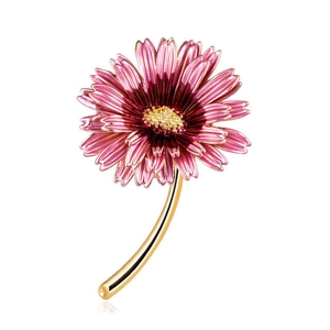 Elegant pink and purple enamel daisy brooch with gold stem on a white background