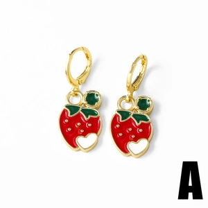 Sweet gold-plated strawberry earrings with red oil drip and small white heart pendants