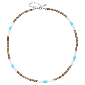 Bohemian punk necklace with coconut wood beads, sea shells and blue clay accents