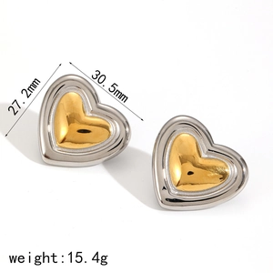 Two-tone gold and silver heart-shaped stainless steel earrings with dimensions 27x30mm