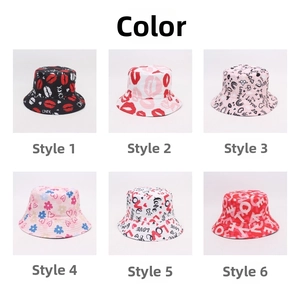 Six different cotton bucket hats featuring heart, lip, and floral graffiti prints