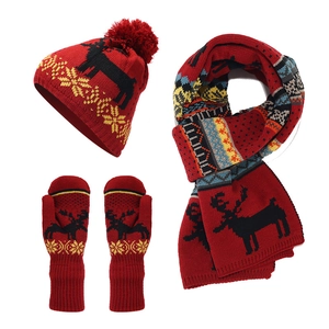 Christmas 3-piece set with knitted hat scarf and mittens featuring elk jacquard in red