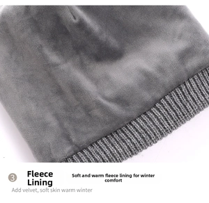 Detail of soft gray fleece lining and ribbed knit texture on thermal winter beanie hat