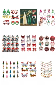 Variety of Christmas decorations including festive glasses, mini trees, and reindeer headbands.