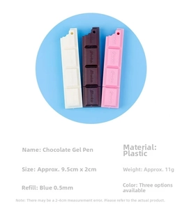 Close-up of chocolate-shaped ballpoint pens showing 0.5mm blue ink specifications