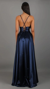 Detail of dark blue satin gown featuring corset-style criss-cross lace-up back design
