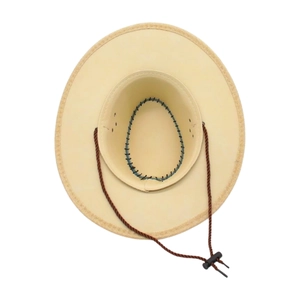 Detail of khaki Western cowboy sun hat showing suede texture and adjustable chin strap