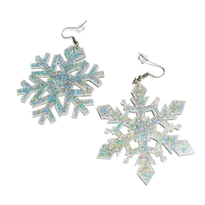 Sparkly silver acrylic snowflake drop earrings with hook closure on a white background
