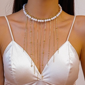 Double-layer pearl and gold tassel necklace set for women elegant statement jewelry