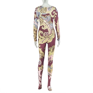Front view of floral paisley print catsuit with long sleeves and crew neck on white background