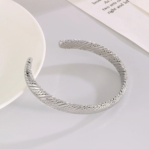 French vintage silver twisted steel open cuff bracelet with woven texture for women