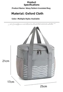 Detailed view of gray wave pattern lunch bag with oxford fabric and mesh pocket