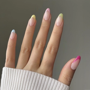 French Tip Almond Press On Nails Colorful Glossy Full Cover Fake Nails With Adhesive Tabs And Nail File DIY Manicure