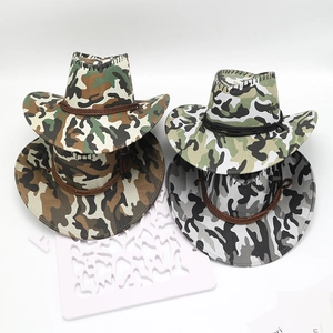 Cappelli cowboy jazz mimetici da esterno con tesa larga e decorazione intrecciata