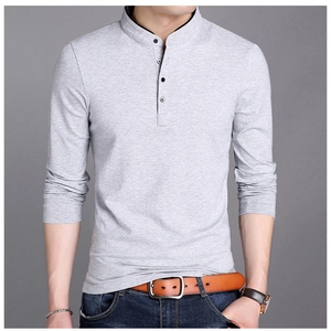 Men's slim fit cotton long sleeve Henley shirt in grey with a modern stand collar