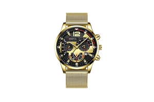 Detailed macro view of the Geneva men's watch featuring a black dial and gold mesh band