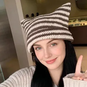 Hand Knitted Cat Ear Beanie Striped Crochet Hat Y2K Grunge Gothic Winter Warm Beanie For Women Girls Striped Knit Cap