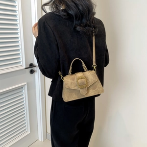 Retro khaki square crossbody handbag with decorative bronze buckle and top handle