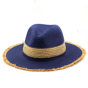 Cappello da sole in paglia blu navy a tesa larga con fascia beige e bordi sfrangiati