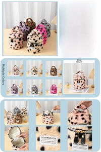 Macro view of leopard print plush makeup bag featuring golden double zippers and inner mesh pocket
