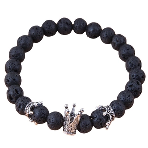 Minimalist black lava stone beaded bracelet with vintage silver crown metal accents
