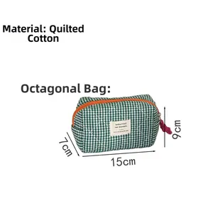 Quilted cotton checkered makeup bag dimensions shown as 15cm x 7cm x 9cm with orange zipper