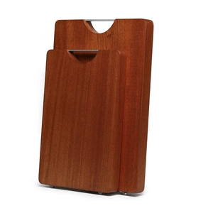Set of two rectangular ebony wood cutting boards with sturdy metal handles on white background