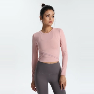 Haut de Yoga Ajusté à Manches Longues pour Femmes Séchage Rapide Taille Croisée T-Shirt d'Entraînement pour Gym Course Fitness Sport