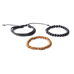 Ensemble de trois bracelets pour homme en cuir tressé noir et perles de bois
