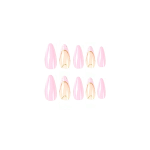 Pink press-on nails set with glitter French tips and tiny rhinestones in almond shape