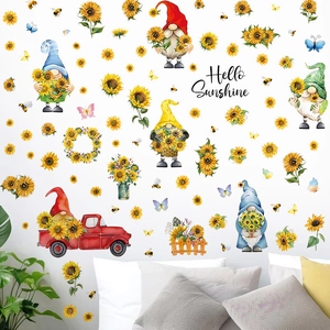 Sunflower gnome wall decals with red truck and Hello Sunshine text for farmhouse decor