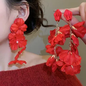 Red Fabric Flower Long Drop Earrings With Faux Artificial Pearl And Silver Earring Post Vintage Elegant Jewelry For Women