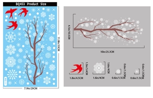 Detailed dimensions of Christmas window clings featuring red birds, branches and snowflakes