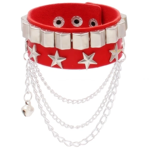 Detail of red PU leather choker featuring silver square studs and hanging chains with bell