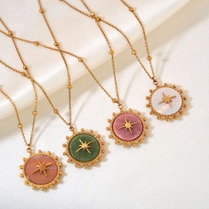 Bohemian starburst natural stone pendant necklaces in four colors with 14K gold beaded chains