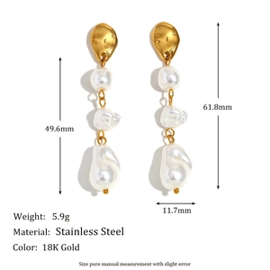 French style 18K gold stainless steel earrings with three irregular faux pearls
