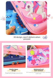 Detail of 3D waterproof PU pencil case showing dual metal zippers and embossed patterns
