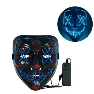 Detail view of scary LED Halloween mask with blue EL wire and red blood splatter effects