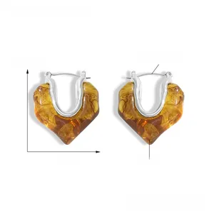 U-shaped heart resin earrings in amber marble pattern with titanium steel clasp detail