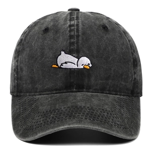 Deep grey washed denim baseball cap with cartoon duck embroidery and vintage curved brim