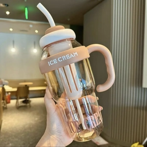 Detail of clear plastic water bottle with straw and Ice Cream printed silicone sleeve