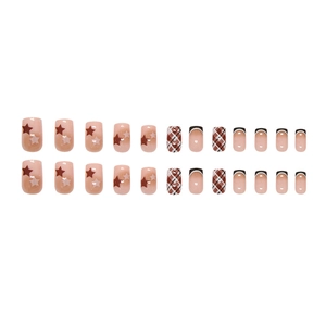 Faux ongles French manucure avec étoiles et carreaux rose et marron, lot de 24