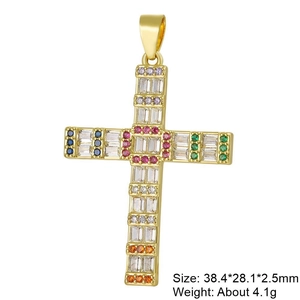 Detail of gold cross pendant with colorful cubic zirconia and dimensions 38.4x28.1mm